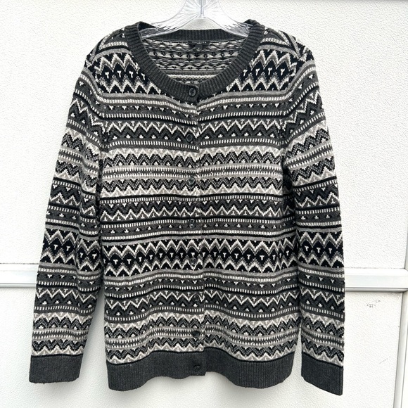 Talbots Cardigan Sweater Fair Isle Knit Lambswool Blend X/XL Gray Beaded Nordic - Picture 4 of 12